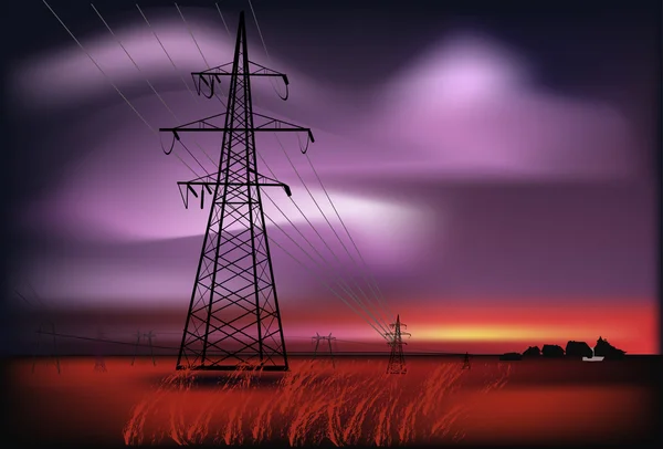 高电压线在日落时现场 — 图库矢量图片