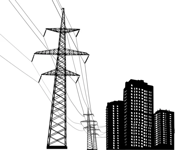 Piloni elettrici e case isolate su bianco — Vettoriale Stock