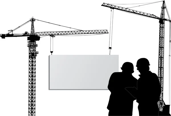 Two cranes with billboard and workers — Stock Vector