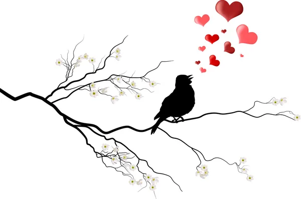 Pájaro en rama de flor árbol — Vector de stock