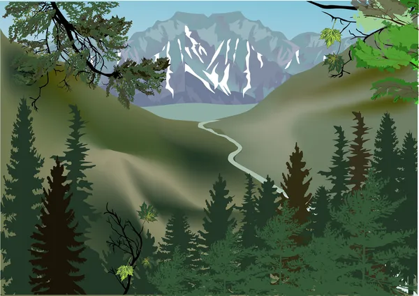 Поток в лесу рядом с горами — стоковый вектор