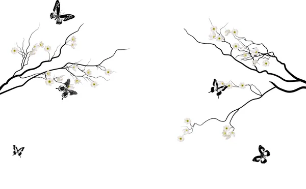 Bílý květ větve a černými motýli — Stockový vektor