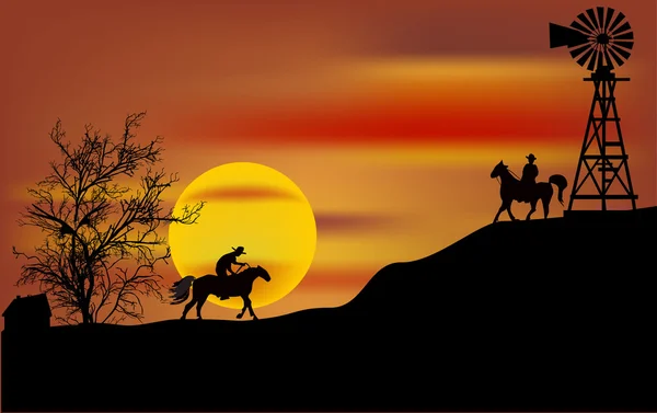 Dois cowboys ao pôr-do-sol laranja —  Vetores de Stock