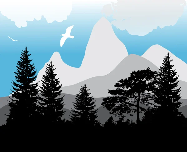 Sapins et pins près des montagnes — Image vectorielle