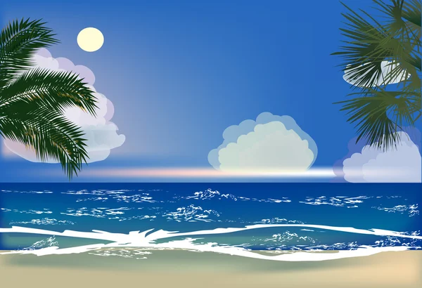 Mořské pláže a palmami stromy ilustrace — Stockový vektor