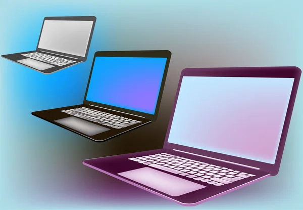 Illustrazione di tre computer portatili a colori — Vettoriale Stock