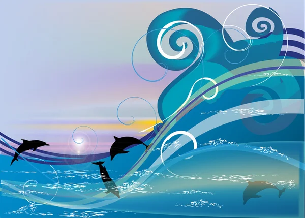 Delfines en olas de mar — Vector de stock