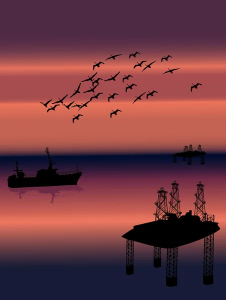 Πουλιά πάνω από την θάλασσα πλατφόρμα πετρελαίου — Διανυσματικό Αρχείο