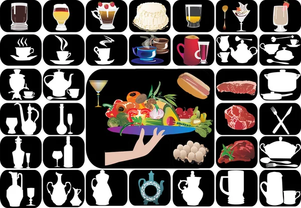 Geschirr und Lebensmittel auf schwarzem Hintergrund — Stockvektor