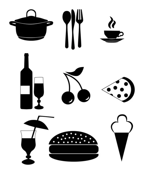 Jedzenie i picie związane ikony czarny — Wektor stockowy