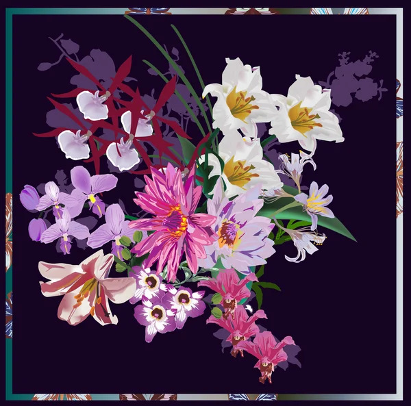 Букет различных цветов на темно-лиловом фоне — стоковый вектор
