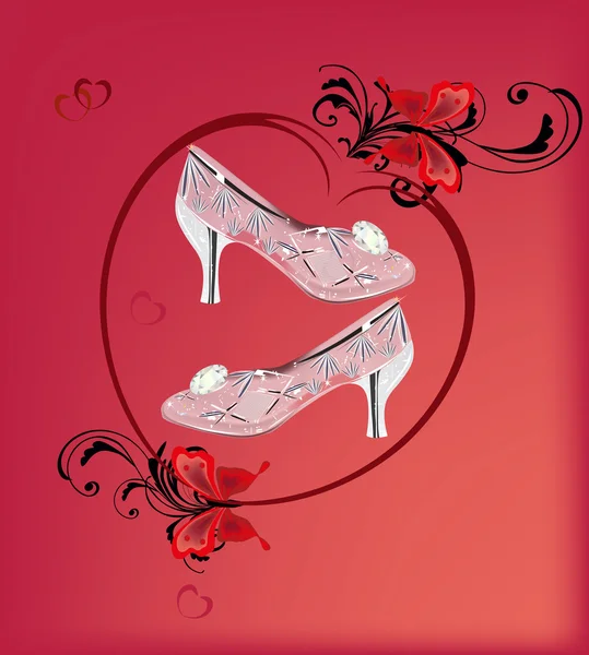 红色背景上的两个水晶鞋。 — 图库矢量图片