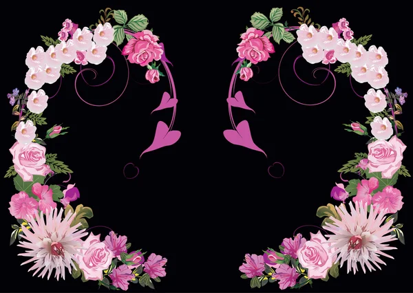 Deux boucles de fleurs rose clair sur noir — Image vectorielle