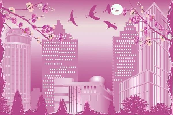 Pink spring city illustration — Stock Vector