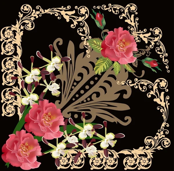 Rincón floral de rosa y orquídea en negro — Vector de stock