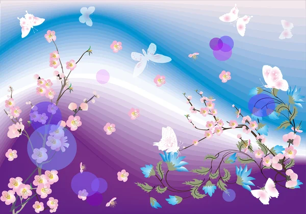 Samenstelling met sakura bloemen en vlinders — Stockvector