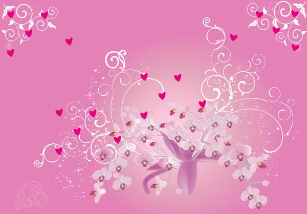 Dekoration med rosa orkidéer och hjärtan — Stock vektor
