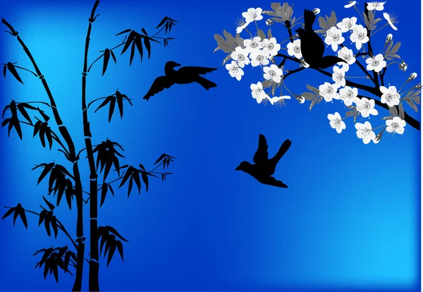 Sakura flowers and birds on blue — Stock Vector
