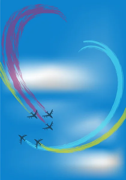 Fem flygplan i blå himmel — Stock vektor