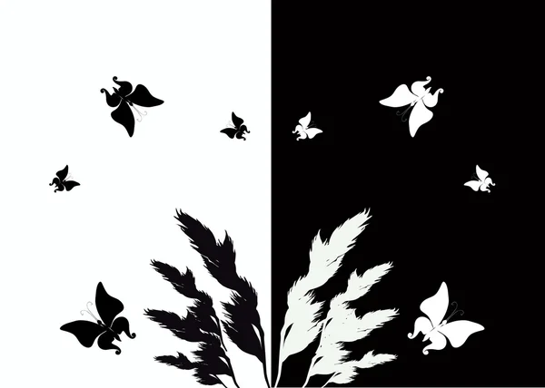 Чорно-білі метелики над травою — стоковий вектор
