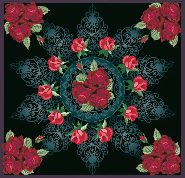 Koyu kırmızı gül çiçekler ile kare dekorasyon — Stok Vektör