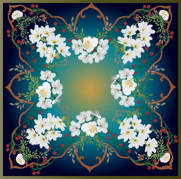 Ilustracja kwadrat biały wiosna kwiaty na niebiesko — Wektor stockowy