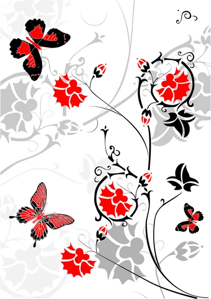 Czerwony motyle i kwiaty na szary tło zdobione — Wektor stockowy