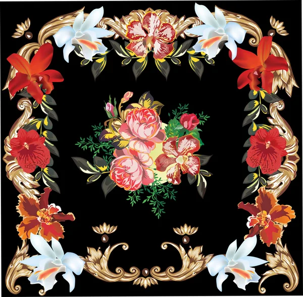 Rosa y lirio cuadrado floral en negro — Vector de stock