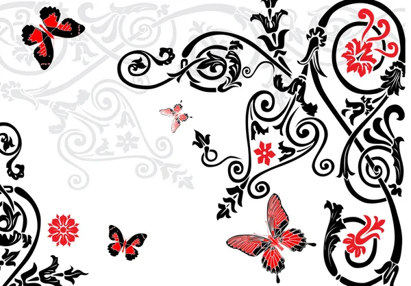 Svarta lockar med röda blommor och fjärilar — Stock vektor