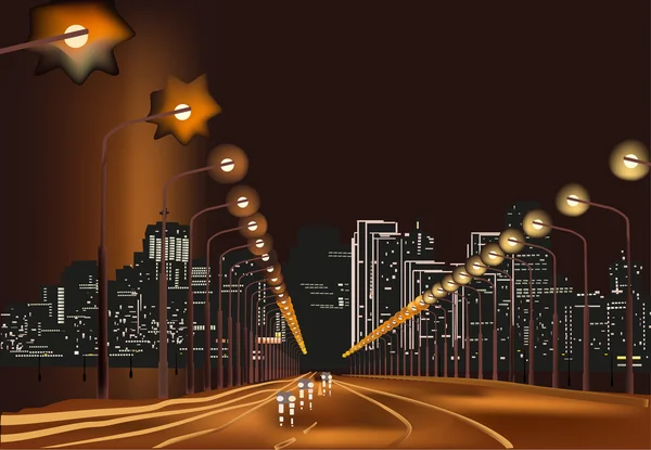 Carretera en la noche ilustración de la ciudad — Vector de stock