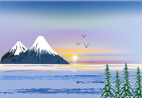 Montagnes d'hiver au coucher du soleil — Image vectorielle