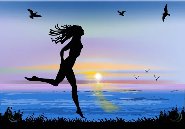 Laufende Mädchen Silhouette am Meer Sonnenuntergang — Stockvektor