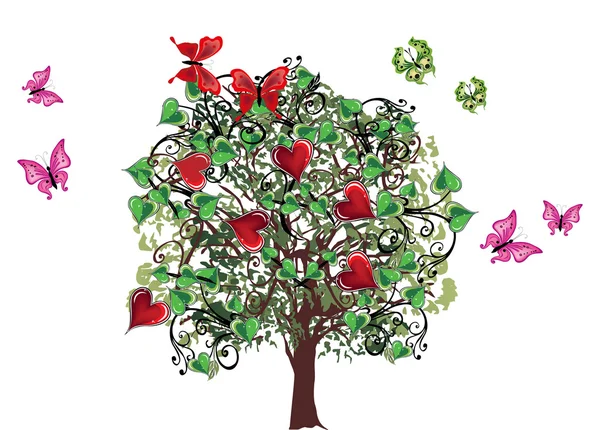 Kelebekler ve kalpleri ile yeşil ağaç — Stok Vektör