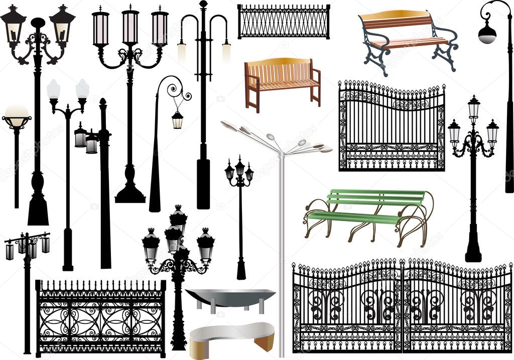 set of isolated street lamps and other elements