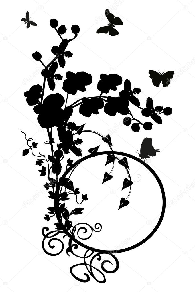 curl with orchids and butterflies silhouettes