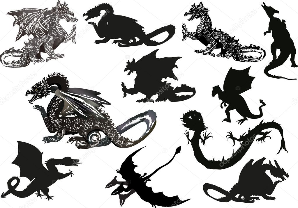 eleven black dragons isolated on white