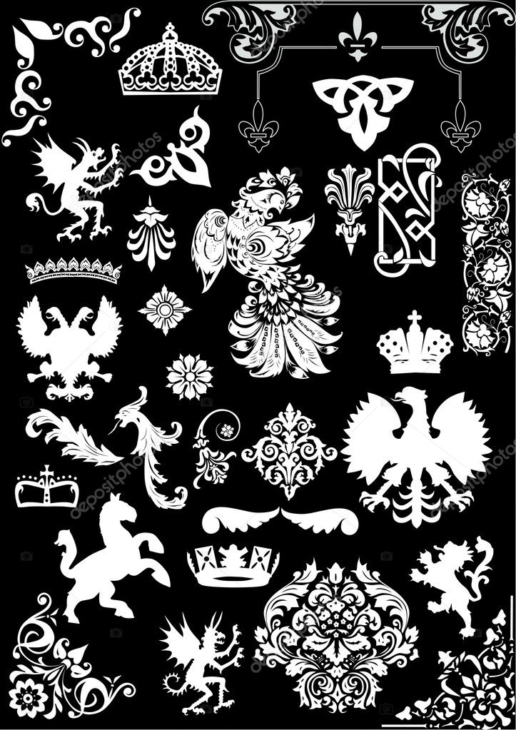 Set of heraldic animals and ornaments on black