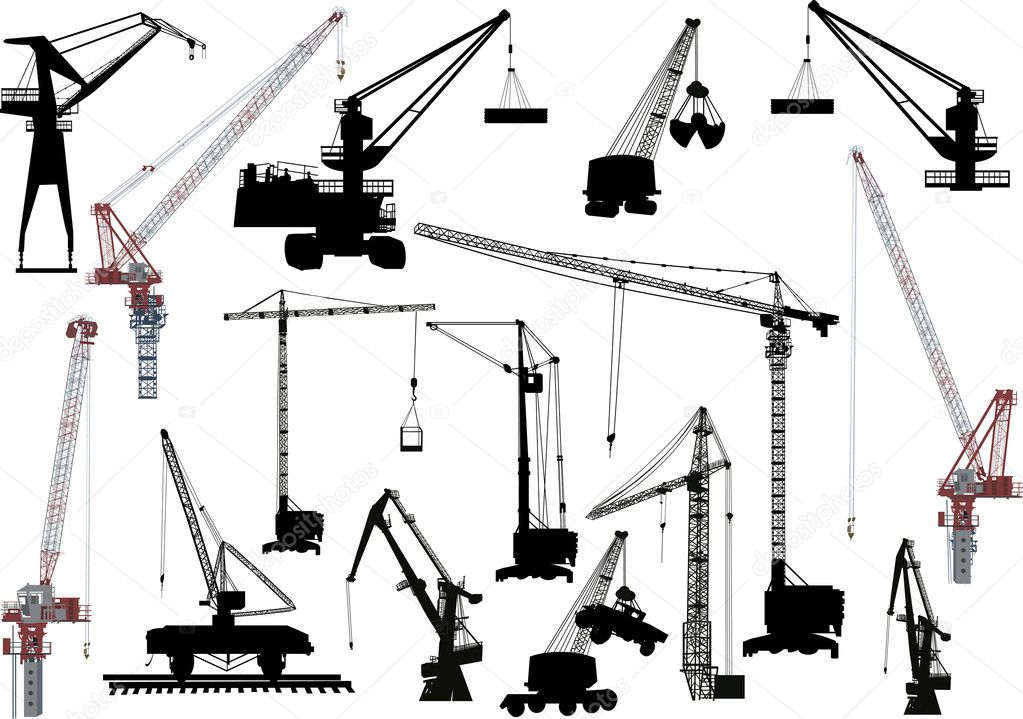 fifteen building cranes on white