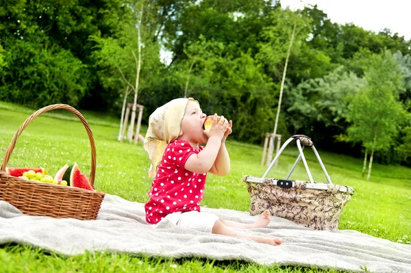 Baby på piknik med frukt – stockfoto