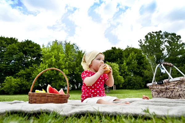 Ребенок на пикнике с фруктами — стоковое фото