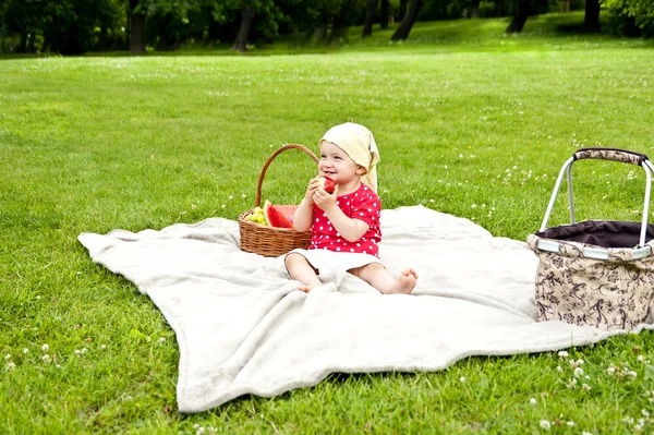 Baba piknik gyümölcsökkel — Stock Fotó