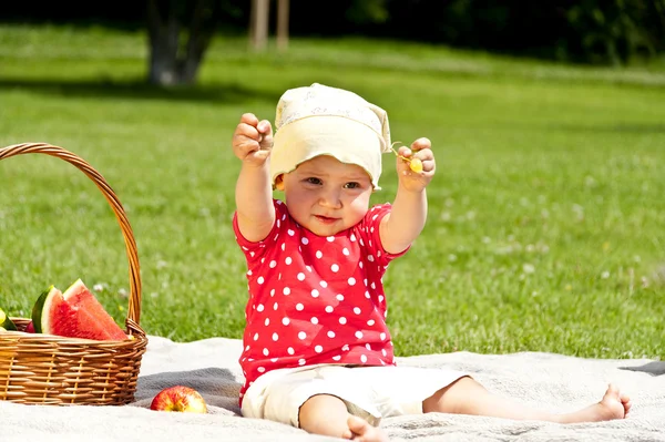 Bambino su picnic con frutta — Foto Stock