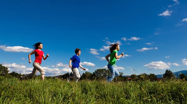 Etkin aile - anne ve koşma, atlama açık çocuklar — Stok fotoğraf