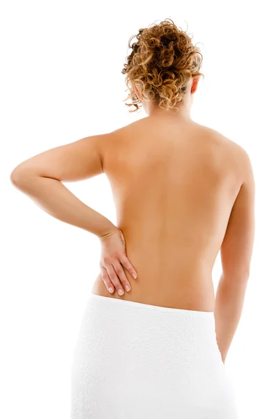 女人按摩疼痛背上孤立的白色背景 — 图库照片
