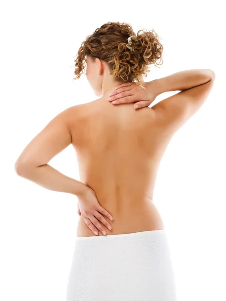 Vrouw masseren pijn terug geïsoleerd op witte achtergrond — Stockfoto