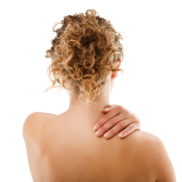 Vrouw masseren pijn terug geïsoleerd op witte achtergrond — Stockfoto