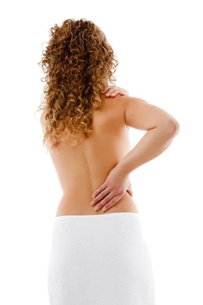 女性マッサージ痛み背中に孤立した白い背景 — ストック写真