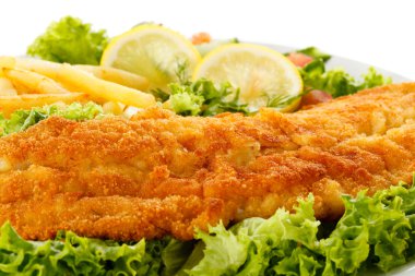 Fish dish - fried fish fillet, French fries with vegetables clipart