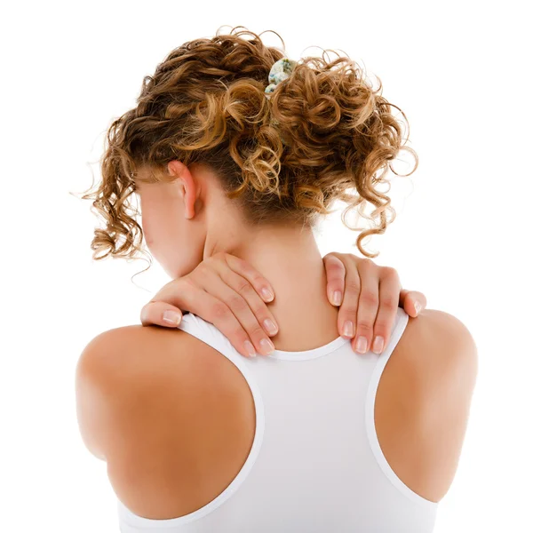 Γυναίκα μασάζ πόνος πίσω απομονωθεί σε λευκό φόντο — Φωτογραφία Αρχείου