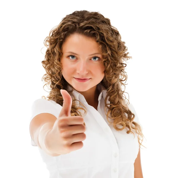 Woman showing OK sign isolated on white background — Stock Photo, Image